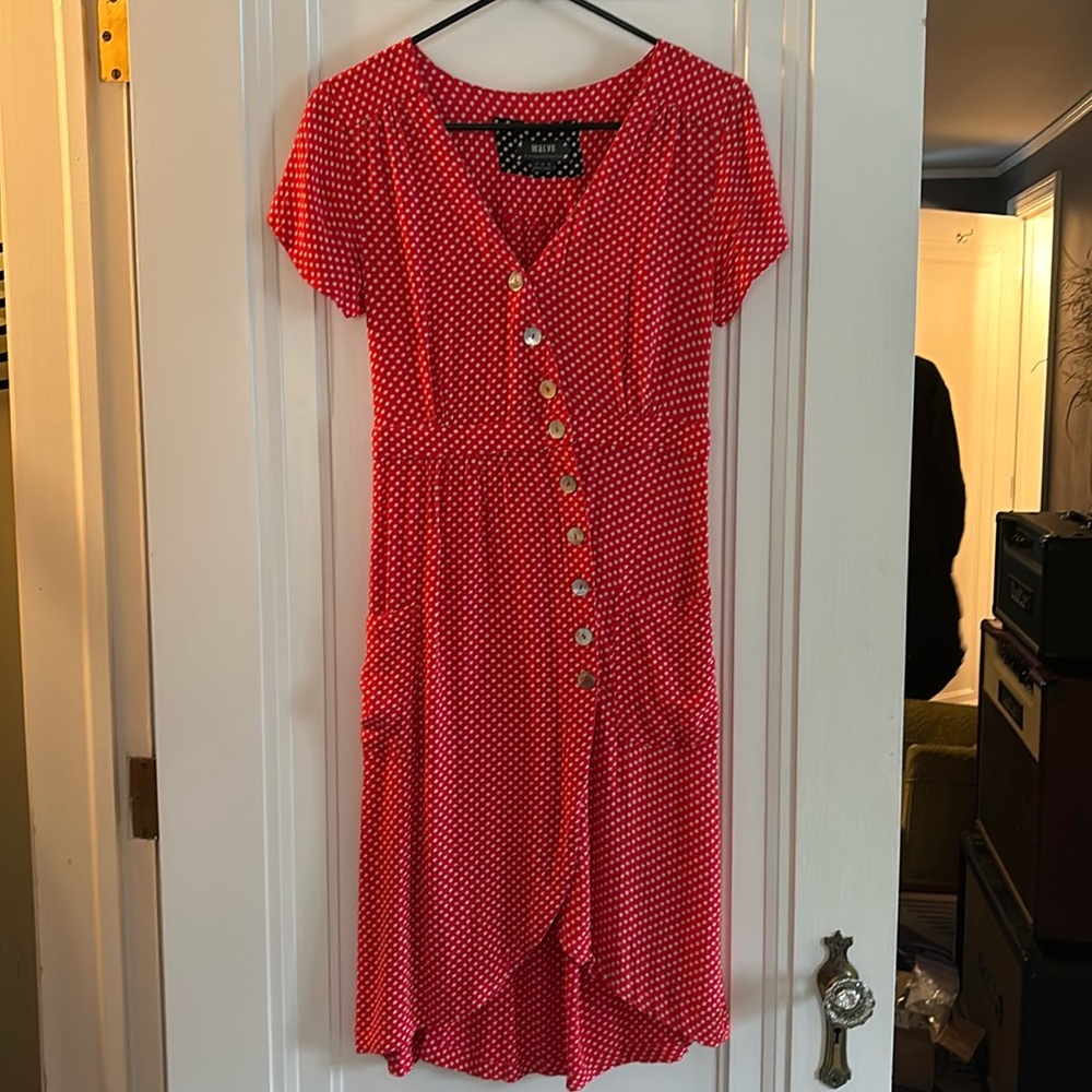 Maeve by Anthropologie pink polka dot dress with mother of pearl buttons
